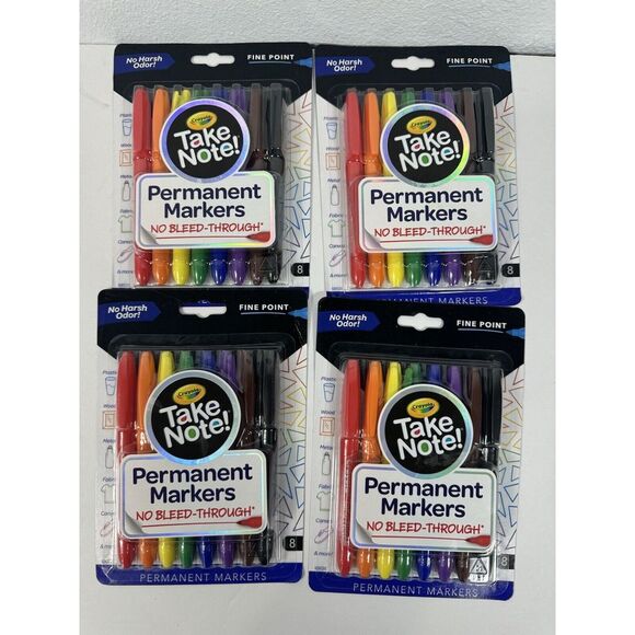 Crayola Take Note Permanent Markers, 8 Count Assorted Colors Lot Of 4 Packs!!!! - Picture 1 of 2